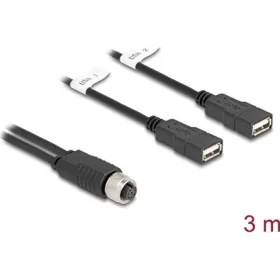   Delock M12 kábel A-kódú, 8 tűs anya- 2 x USB 2.0 A-típusú anya 3 m fekete