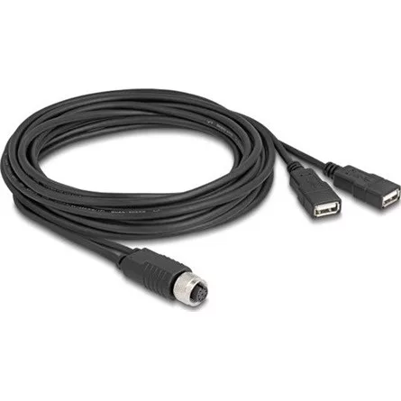 Delock M12 kábel A-kódú, 8 tűs anya- 2 x USB 2.0 A-típusú anya 3 m fekete