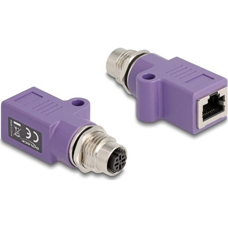 Delock M12 D-kódolt adapter 4 tűs anya - RJ45 anya Cat.5e beszerelő mélyedéssel, egyenes, lila színű