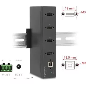   Delock Ipari Hub 4 x USB 2.0 A-típusú 15 kV ESD védelemmel és DIN sín beépítéssel