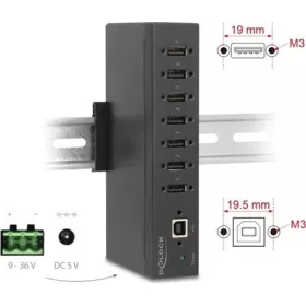   Delock Ipari Hub 7 x USB 2.0 A-típusú 15 kV ESD védelemmel és DIN sín beépítéssel