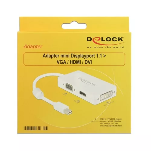 Delock Átalakító - 62630 (Mini Displayport 1.1 -> VGA/HDMI/DVI, apa/anya, FullHD, fehér)