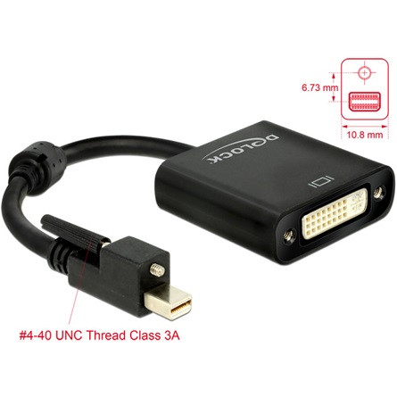 Delock ADA Delock 62639 mini Displayport 1.2-dugós csatl. csavarral > DVI-csatl.hüvely 4K aktív adapter - Fekete