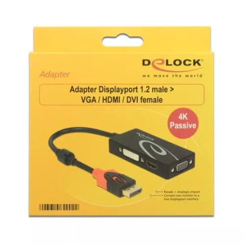 Delock ADA Delock 62902 Displayport 1.2 dugós csatl. - VGA/HDMI/DVI csatlakozóhüvely 4K passzív adapter - Fekete