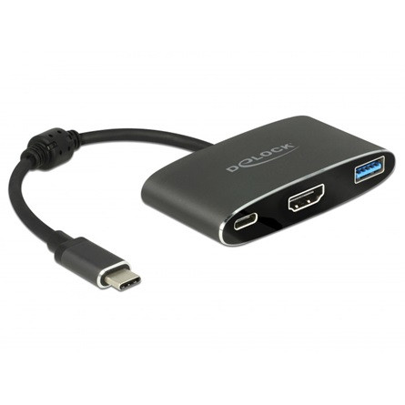 Delock USB-C -> HDMI USB-A 2.0 USB-C M/F adapter 0.2m fekete