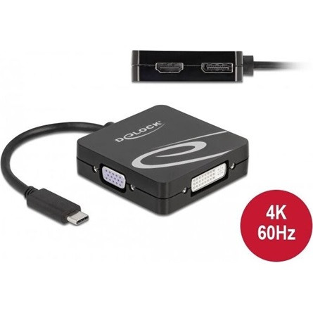 Delock USB-C / Thunderbolt -> DisplayPort 1.2 DVI-I VGA HDMI 2.0 M/F adapter 0.1m fekete