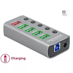   Delock aluminium külön kapcsolós 5-portos USB3.0 hub szürke (USB5: 5V/2,4A charging port)
