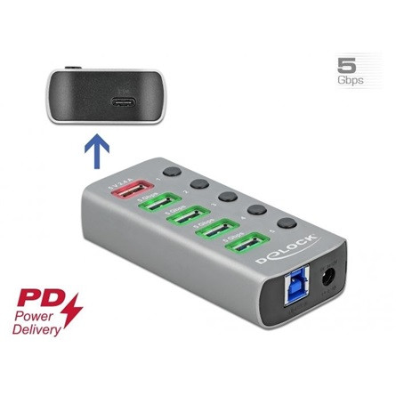 Delock aluminium külön kapcsolós 6-portos USB-C USB3.0 hub szürke (USB5: 5V/2,4A charging port; USB-C: PD3.0)