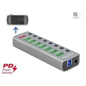   Delock aluminium külön kapcsolós 9-portos USB-C USB3.0 hub szürke (USB8: 5V/2,4A charging port; USB-C: PD3.0)