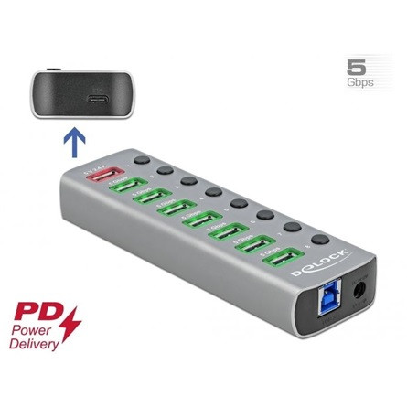 Delock aluminium külön kapcsolós 9-portos USB-C USB3.0 hub szürke (USB8: 5V/2,4A charging port; USB-C: PD3.0)