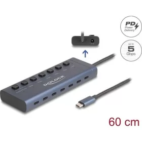   Delock USB 5 Gbps hub 7 USB Type-C  porttal és kapcsolóval, melyből 6 adatport és egy adat és 20 Wattos PD port