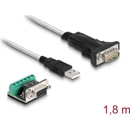 Delock USB-A 2.0 -> Serial RS-422/485 M/M adatkábel 1.8m fém 6tűs terminal blockkal