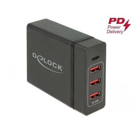 Delock 60W univerzális hálózati töltő adapter (1db USB-C: 60W + 3db USB-A: 12W)