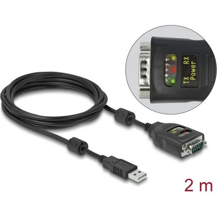 Delock USB-A 2.0 -> Serial RS-232 DB9 M/M adatkábel 2m fekete 2.5kV, galvanikusan izolált