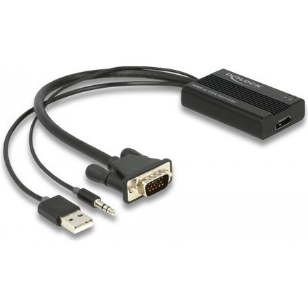 Delock HDMI 1.4 USB-A 2.0 -> VGA Jack stereo 3,5mm F/M adapter 0.25m fekete