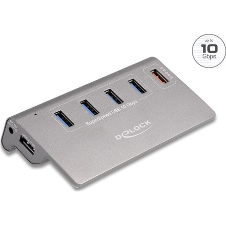 Delock USB 10 Gbps Hub 4 A-típusú USB porttal + 1 gyorstöltő porttal beleértve a tápellátást