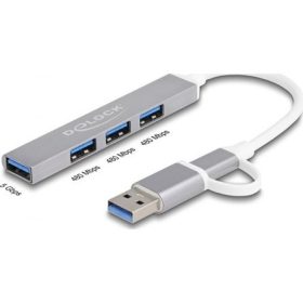   Delock 4 portos vékony USB Hub USB Type-C  vagy USB A-típusú - 3 x USB 2.0 Type-A csatlakozóhüvely + 1 x USB 5 Gbps Type