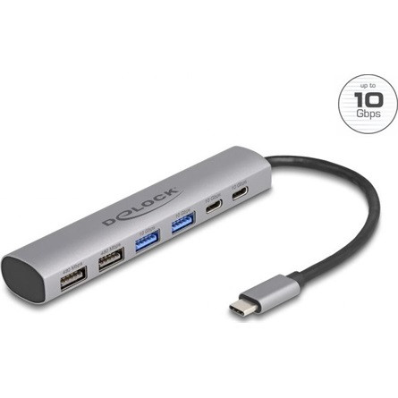 Delock 6 portos USB hub 4 x A-típusú USB anyával és 2 x USB Type-C  anya csatlakozóval