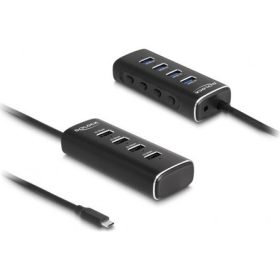   Delock 4 portos USB 10 Gbps hub USB Type-C , 60 cm hosszú kábellel és az egyes portokhoz tartozó kapcsolóval