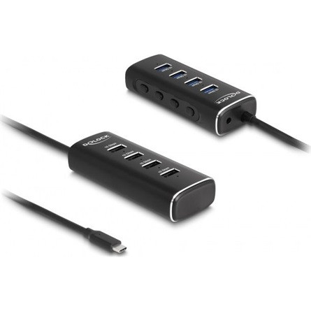 Delock 4 portos USB 10 Gbps hub USB Type-C , 60 cm hosszú kábellel és az egyes portokhoz tartozó kapcsolóval