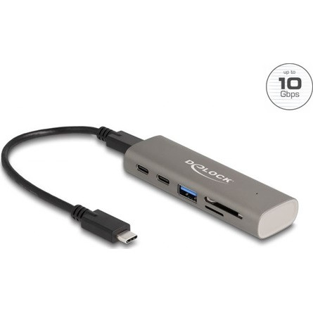 Delock 3 portos USB 10 Gbps hub beépített SD és Micro SD kártyaolvasóval, valamint USB Type-C  csatlakoztatóval