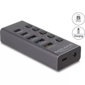   Delock Hub USB 5 Gbps 2 x A-típusú és 2 x USB Type-C  anya és 1 x gyorstöltő port + kapcsoló