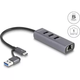   Delock 3 portos USB 5 Gbps Hub + Gigabit LAN USB Type-C  csatlakozóval vagy A-típusú USB csatlakozóval fém vázban