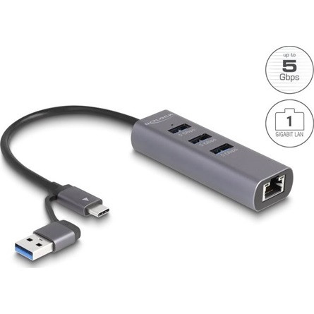 Delock 3 portos USB 5 Gbps Hub + Gigabit LAN USB Type-C  csatlakozóval vagy A-típusú USB csatlakozóval fém vázban