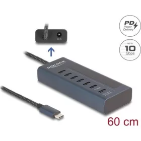   Delock USB 10 Gbps hub 7 db. USB Type-C  porttal, amelyből 6 adat csatlakoztatási felület és egy adat és 20 Watt-os PD t