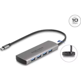   Delock USB 10 Gbps Hub 4 portos A-típusú USB Type-C  csatlakozóval és további tápporttal