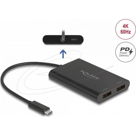 Delock USB Type-C  adapter 2 x DisplayPort 4K 60 Hz-hez DisplayLink  grafikával és USB PD-vel