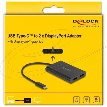 Delock USB Type-C  adapter 2 x DisplayPort 4K 60 Hz-hez DisplayLink  grafikával és USB PD-vel