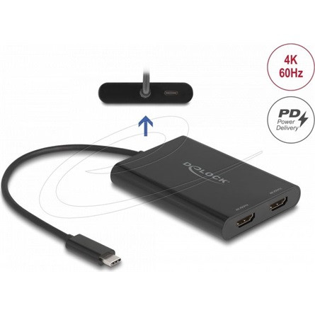 Delock USB Type-C  adapter 2 x HDMI 4K 60 Hz-hez DisplayLink  grafikával és USB PD-vel