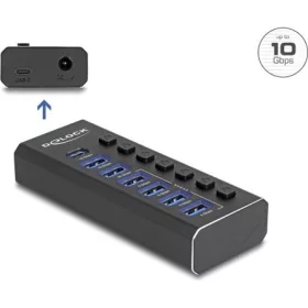   Delock 7 portos USB hub 4 10 Gbps-s porttal és 4 gyorstöltő porttal kijelzővel és kapcsolóval