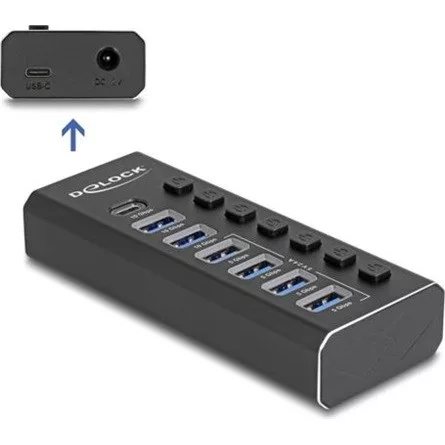 Delock 7 portos USB hub 4 10 Gbps-s porttal és 4 gyorstöltő porttal kijelzővel és kapcsolóval