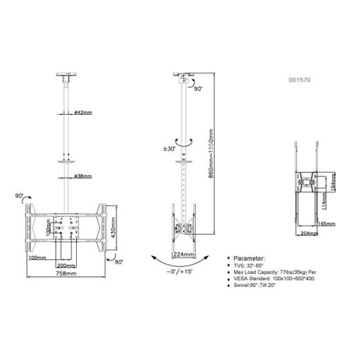 Equip TV Mennyezeti konzol - 650370 (32"-65", 2 kijelző, Max.: 40kg, dönthető, forgatható, állítható magasság, fekete)