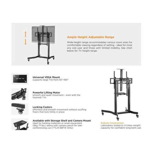 Equip TV állvány - 650633 (55"-100" álló, dönthető, állítható magasság, gurulós, motoros, Max.:120kg, fekete)