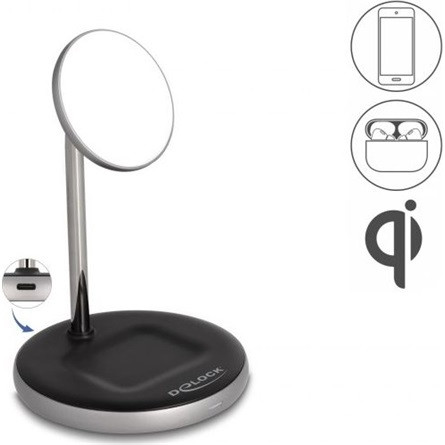Delock Vezetéknélküli töltő 2 az 1-bn 5 W / 7,5 W / 10 W / 15 W   Qi szolgáltatásokkal