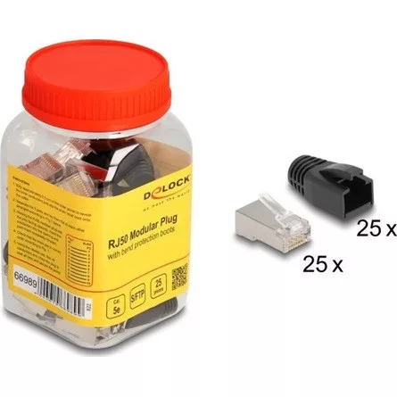 Delock RJ50 Moduláris apa csatlakozó Cat.5e hajlításvédő védőburkolattal 25 db-os szett