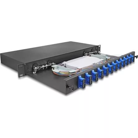 Delock 19  optikai szálösszefűző doboz 12 db. SC Duplex OS2 1U teljes elrendezés kész az összefűzésre