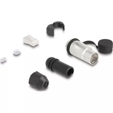 Delock RJ45 moduláris dugasz Cat.6A átvezető csatolóval és védősapkával IP66 por- és vízbiztos