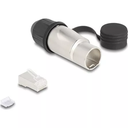 Delock RJ45 moduláris dugasz Cat.6A átvezető csatolóval és védősapkával IP66 por- és vízbiztos