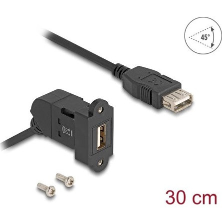 Delock USB 2.0 A-típusú panel tartó anya 45 -ban hajlított   A-típusú anya 30 cm kábellel fekete