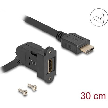 Delock HDMI panel tartó anya 45 -ban hajlított   HDMI apa 30 cm kábellel 8K 60 Hz fekete