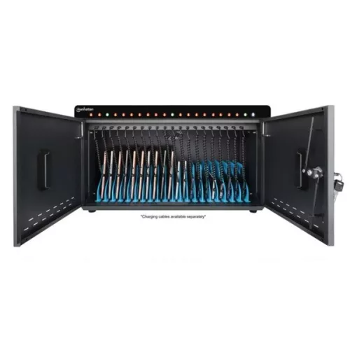 Manhattan Töltőszekrény - 20db USB-C, 360W (3A / 18 W), zárható fémajtó, beépített ventilátor, Fekete