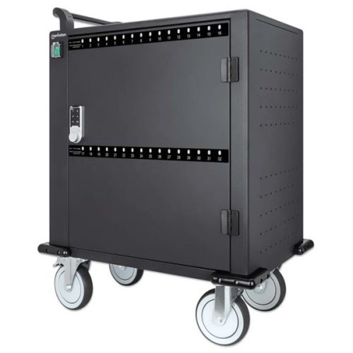 Manhattan Töltőszekrény - 32db USB-C, 576W (3A / 18 W), zárható fémajtó PIN- kóddal, ventilátor, Fekete
