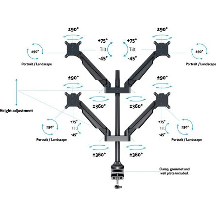 MULTIBRACKETS 4 karos asztali konzol, M VESA Gas Lift Arm Quad Black (15-32", max.VESA: 100x100 mm, 10 kg)