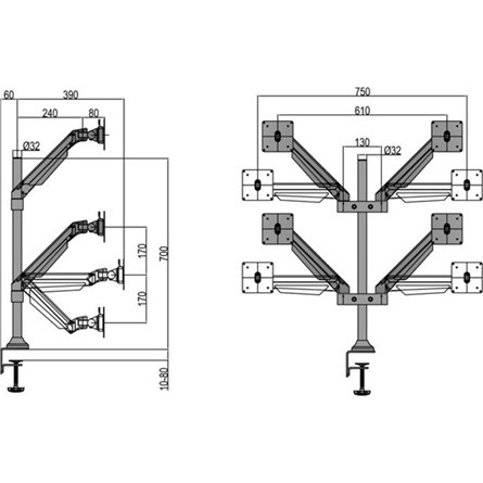 MULTIBRACKETS 4 karos asztali konzol, M VESA Gas Lift Arm Quad Black (15-32", max.VESA: 100x100 mm, 10 kg)