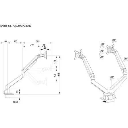 MULTIBRACKETS Gaslift asztali rögzítő kétkaros konzol, 15-32",  fehér