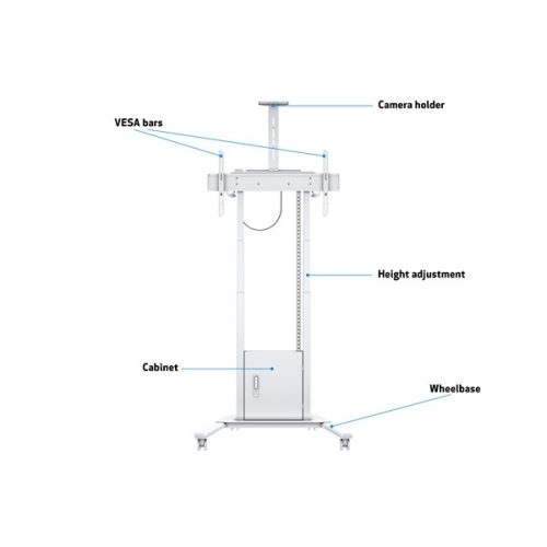 MULTIBRACKETS Gurulós motoros padlóállvány, M Motorized Floorstand incl cabinet & camerashelf 120kg White (42-100")